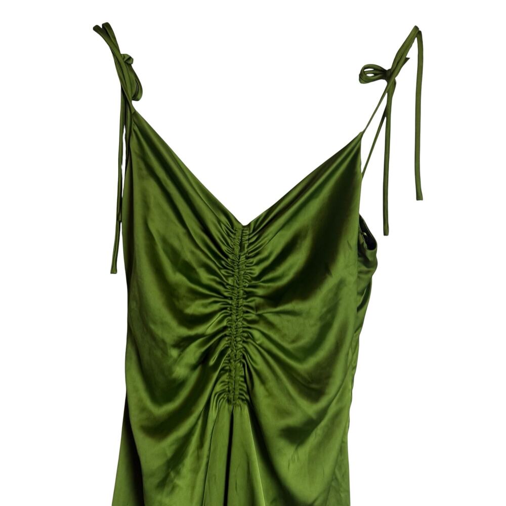 Sandro Zola Green Satin Ruched Front Tie Strap Slip Cocktail Midi Dress Size 4 - Picture 6 of 15